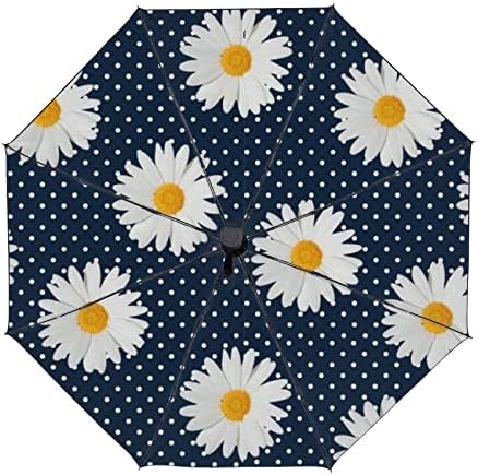 Automatic Folding Umbrella for Women Men Daisy Flowers Polka Dots Double Layer Windproof Travel Umbrella Compact Portable for Rain Outdoor