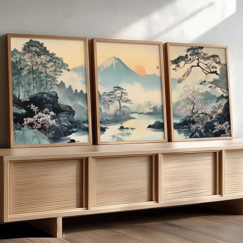 Image of kotart Japanese Nature Art View Framed Poster | Big Aesthetic Mountain View Art Wall Framed Posters for Living Room Bedroom Wall Decor Set Of 3 (13X17 inch)