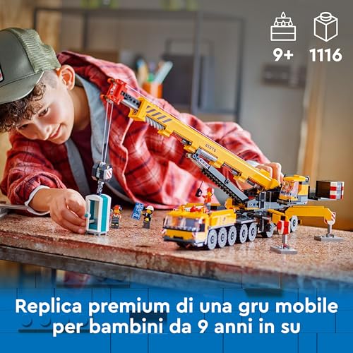 LEGO City Gru da Cantiere Mobile Gialla, Giochi Creativi per Bambini e Bambine da 9 Anni con Veicolo Giocattolo da Cantiere con Funzioni Realistiche e 4 Minifigure, Idea Regalo Divertente 60409 - Immagine 1