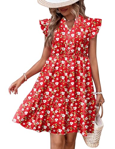 Image of HOTOUCH Women Printed Dress for Summer Short Ruffle Sleeve Dress Tiered Mini Dress with Pockets