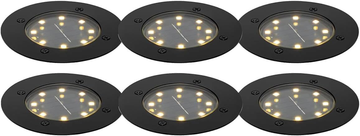 lambado 6er Set LED Solar Bodenleuchten Außen Schwarz matt | Hochwertige Bodenstrahler Wetterfest IP65 Ø12cm | Bodeneinbaustrahler mit 8 SMD LEDs Warmweiß 3000K