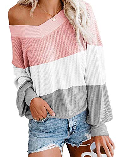 LIYOHON Women's Oversized Off Shoulder Sweaters Colorblock V Neck Loose Tops Batwing Sleeve Knits Pink+Grey-S