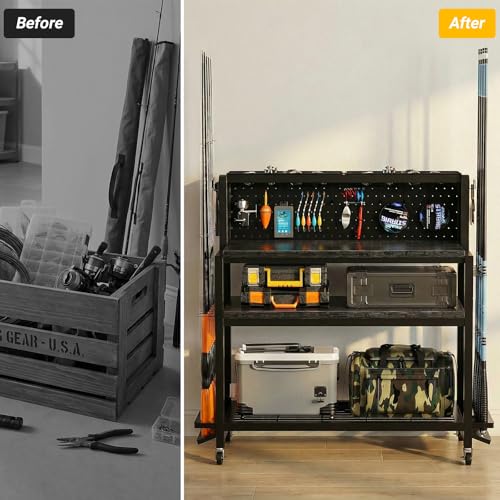 Unikito Fishing Rod Holders for Garage, Large All-in-One Fishing Rod Rack with Hooks, Top Storage Basket and Wheels, Sturdy Easy Assembly Fishing Pole Holder for Garage, Boat, Basement - Thumbnail 6