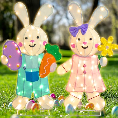 Vanthylit Easter Decorations Outdoor, 2PCS Easter Bunny Lights Yard Decoration Outdoor with Stakes, 2D Lighted Hanging Rabbit Wall Decor for Indoor Garden Patio