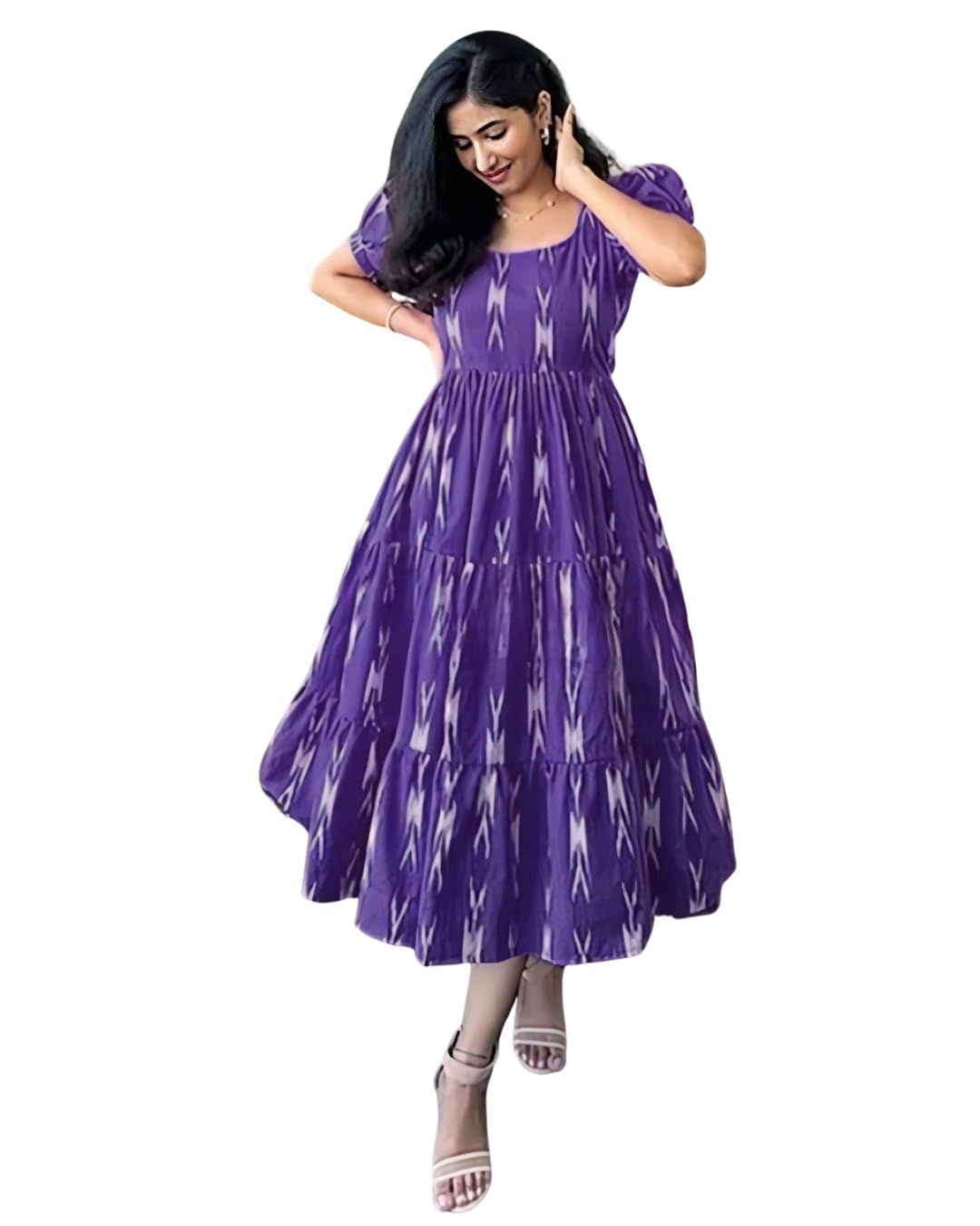 Women’s Rayon Ikat Printed Midi Dress | Flared Short Frock with Puff Sleeves & Square Neck Women’s Rayon Ikat Printed Midi Dress | Flared Short Frock with Puff Sleeves & Square Neck