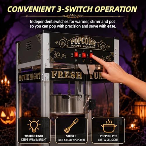 Image of 26oz Commercial Popcorn Machine Vintage Black Pop Corn Popper Cart | 26OZ Non-stick Stainless Steel Kettle, 3-Switch Control, Home Theater Style for Movie Night, Party, Office, School, Business