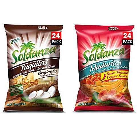 Soldanza Cassava Chips, 1.59 Ounce (Pack of 24) and Soldanza Pepper Sweet Plantain Chips, 2.5 Ounce (Pack of 24) Cover