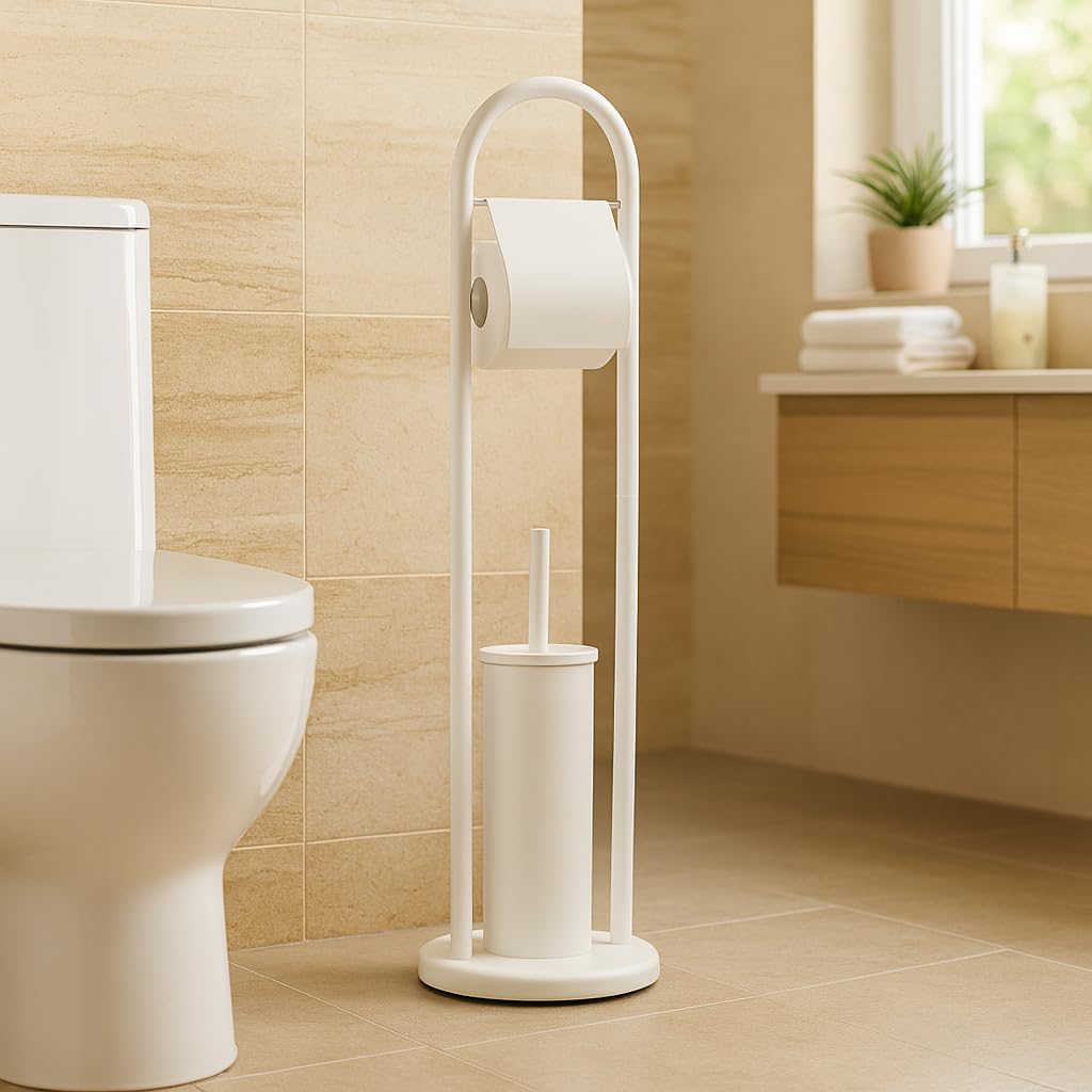 Piantana Portarotolo e Scopino Bianco, Porta Carta Igenica e Scopino da Terra, Scopino Wc con Porta Carta Igenica