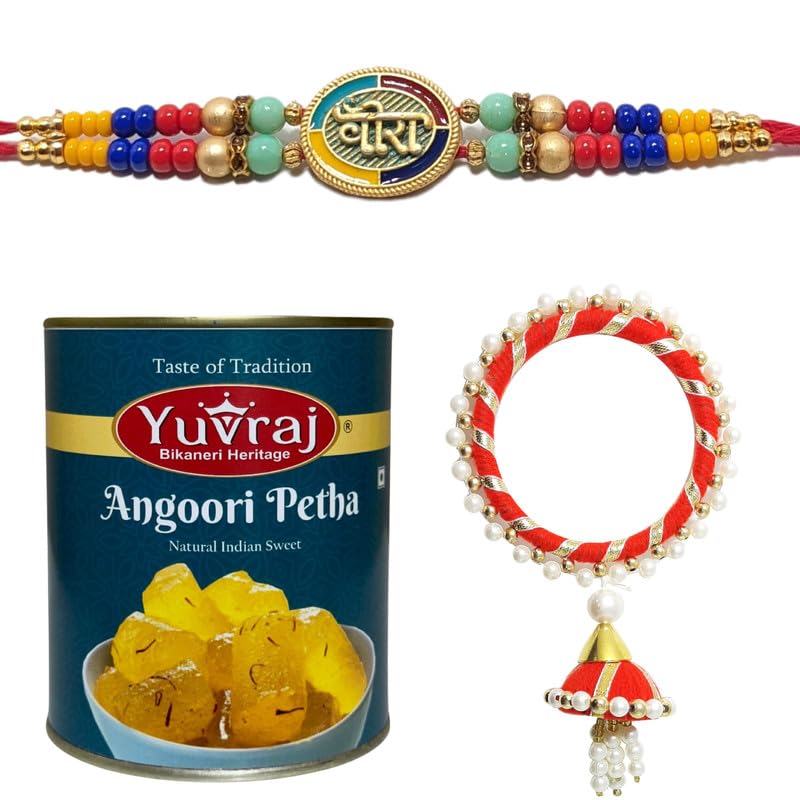 Yuvraj Elegant desingner rakhi for couple (bhaiya or bhabhi) & sweets kesar Ganderi 1 kg with roli chawal pack-image-42