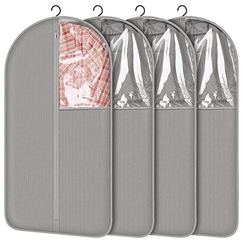 HuggieGems 4 Pack 43’’ Gray Garment Bags for Hanging Clothes Storage Travel, Clear Dress Bags for Gowns Long, Suit Bags for Closet Storage