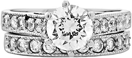 1000 Jewels Jaclyn: 2.45ct 2 pc Brilliant Cut Ice on Fire CZ 6-Prong Style Wedding Ring Set Steel, 3194B