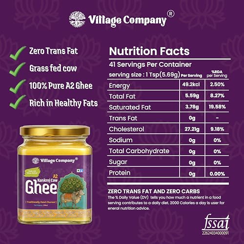 Image of Village Company A2 Cow Ghee Bilona Method | Kankrej Cow A2 Ghee | Bilona Ghee | Desi Cow Ghee | Two Way Curd Churned | Grainy Danedar Aromatic | Lab Tested | Glass Jar A2 Pure Ghee (250 ml)