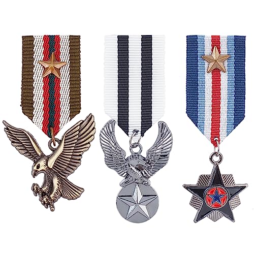 AHANDMAKER Juego de 3 alfileres de aleación para disfraz militar, 3 estilos, héroe militar, estrella y águila, para hombres y mujeres, chaqueta, traje uniforme, Zinc