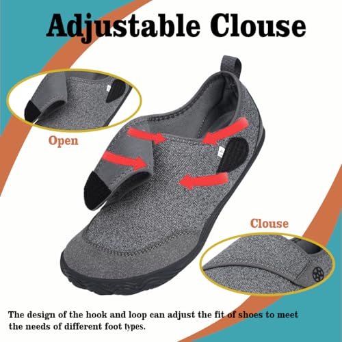 Sisttke Mens Barefoot House Slippers Womens Wide Diabetic Shoes Comfy Breathable Arthritis Edema Walking Sandals Non-Slip Orthopedic Adjustable Slip On Swollen Feet Indoor Shoes for Elderly Dark Grey3