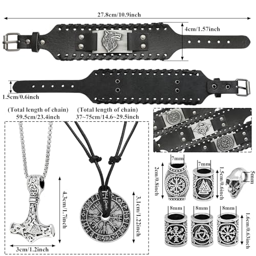 12 Pcs Viking Bracelet Nordic Amulet Accessories for Men Rune Compass Dragon Fenrir Wolf Bracelet Norse Talisman Necklace Viking Hair Accessories for Men Women3