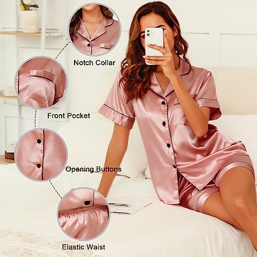 Image of Vlazom Womens Silk Pajamas, Short Sleeve Satin 2 Piece Pj Sets Button-Down Sleepwear Loungewear Pjs Shorts Set S-XXL