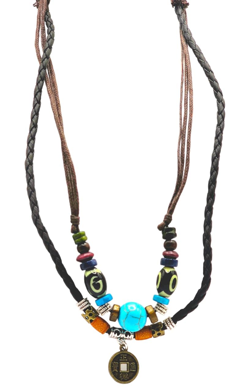 GenericPersonalized Leather Double-layer Wooden Beads Necklace Adjustable Vintage Turquoise Coin Pendant Necklace for Women and Men