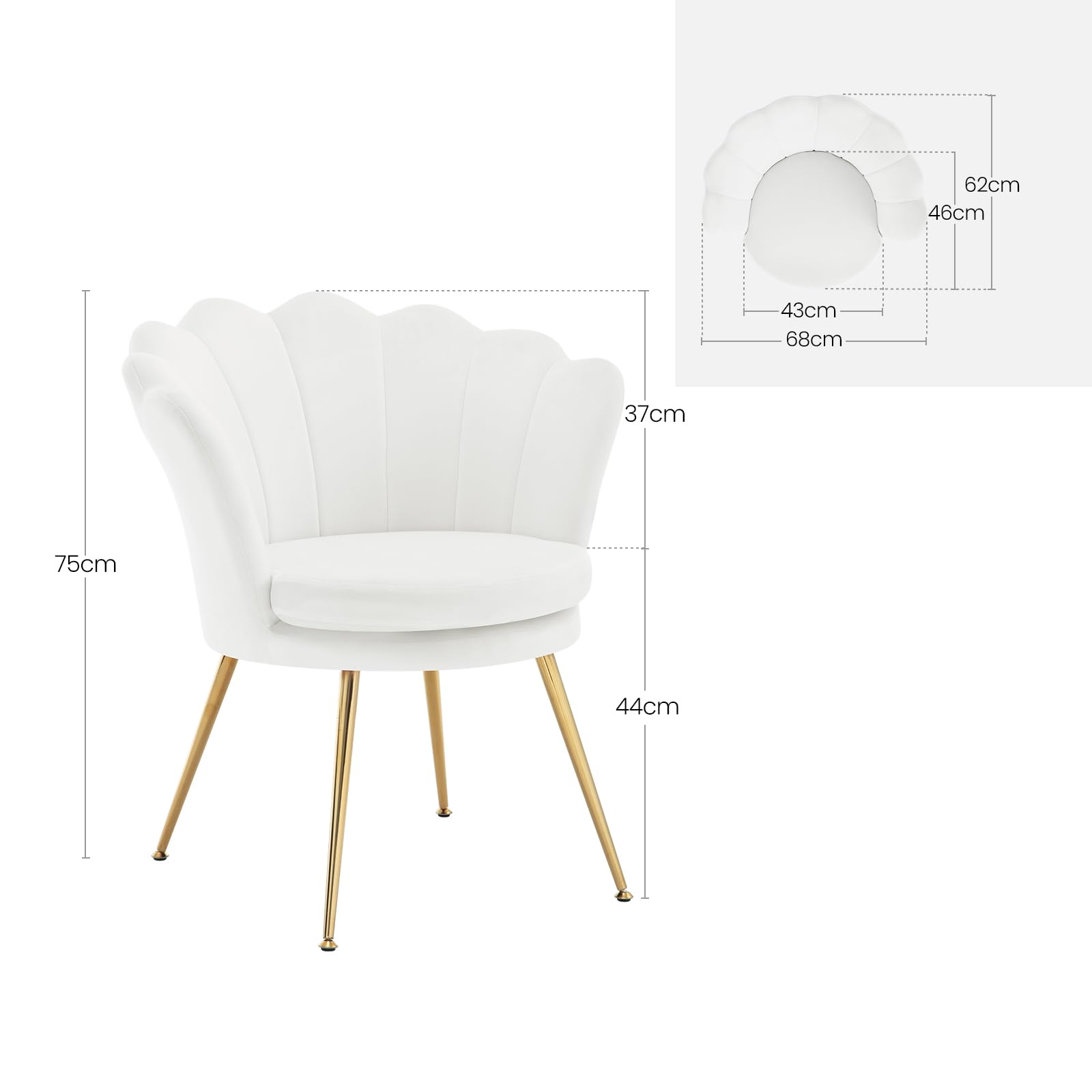 WOLTU Fauteuil Salon, Fauteuil Coquillage, Dossier en Forme de Pétale, en Velours, Pieds en Métal, Blanc, SKS49ws