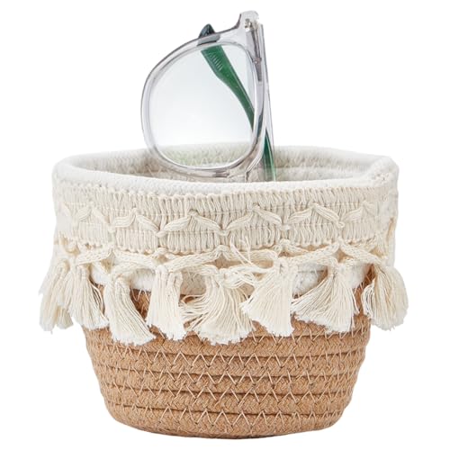 MAYJOYDIY Panier Rond Bohème en Corde de Coton Tressée à Pompons Marron et Blanc 12 x 12 x 10cm Chiffon de Nettoyage Organiseur de Rangement pour Lunettes Chambre D'Enfant Salon