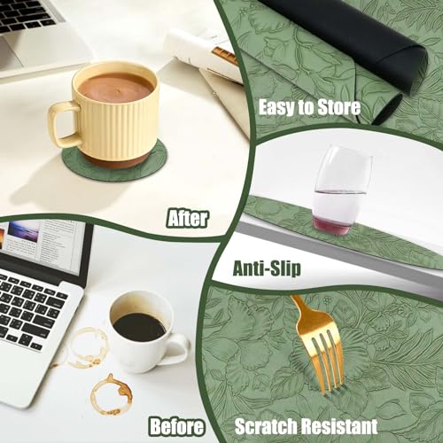 Placemats and Coaster Sets 6, Dual Sided PU Leather Place Mats(34cm) Heat Resistant Waterproof No-Slip, Washable Round Floral Kitchen Coffee Table Mats for Home Hotel Indoor Outdoor Party(Green Black) - Image 4