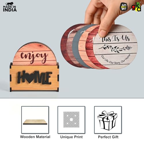 Image of GKD Coaster Set of 6 Home Quotes Design Wooden Coasters with Proper Coaster Stand Designer Coaster Set fit for Tea Cups, Coffee Mugs and Glasses (Round 3.5 x 3.5 inch)