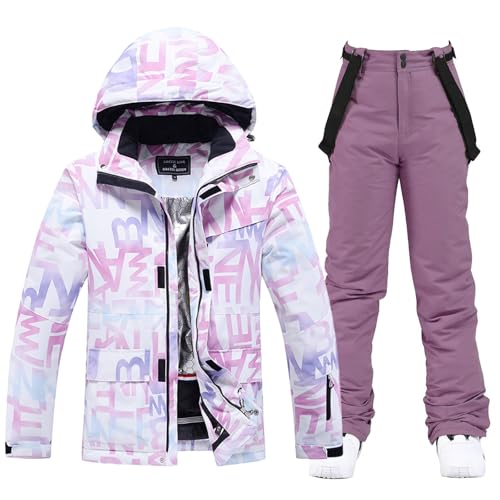 ALSOGO Damen Skijacke & Skihose Set Skianzug 2 teilig Schneeanzug Wasserdicht Schneejacke Winddichte Schneehose mit Abnehmbare Kapuzen Trägern zum Skifahren Snowboarden TY304 Lila S