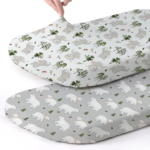 Image of Stretch Fitted Bassinet Sheet Set BROLEX 2 Pack Cradle Sheets for Bassinet Pad /Mattress,Unisex Boys Girls,Ultra Soft,Elephants Bears