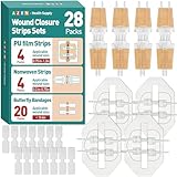 AZEN 28 Pack Wound Closure Strips, 3 Types Butterfly Bandages, Emergency Laceration Closure Kit, Repair Wounds Without Stitches, Quick Clot Zip Stitch Wound Closures Device