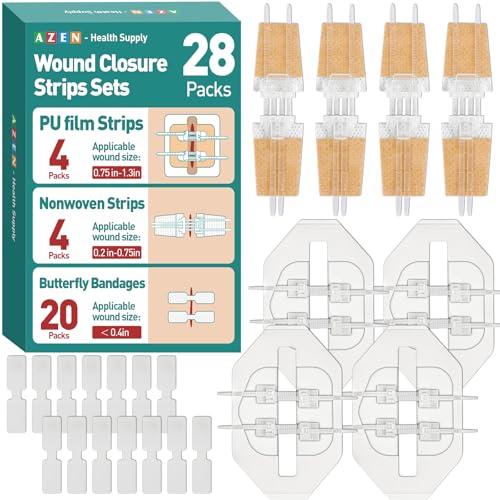 AZEN 28 Pack Wound Closure Strips, 3 Types Butterfly Bandages, Emergency Laceration Closure Kit, Repair Wounds...