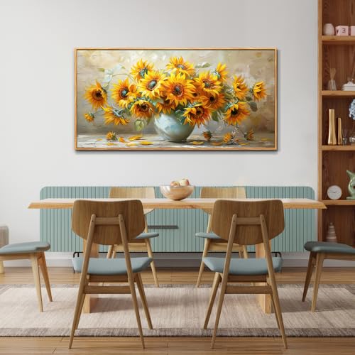 PHAOHUAXM Large Canvas Wall Decor For Living Room Wall Art Vintage Printing Yellow Flower Paintings Dining Room Bedroom Bathroom Kitchen Wall Painting Home Decor Wood Frame Ready To Hang 24x48 In