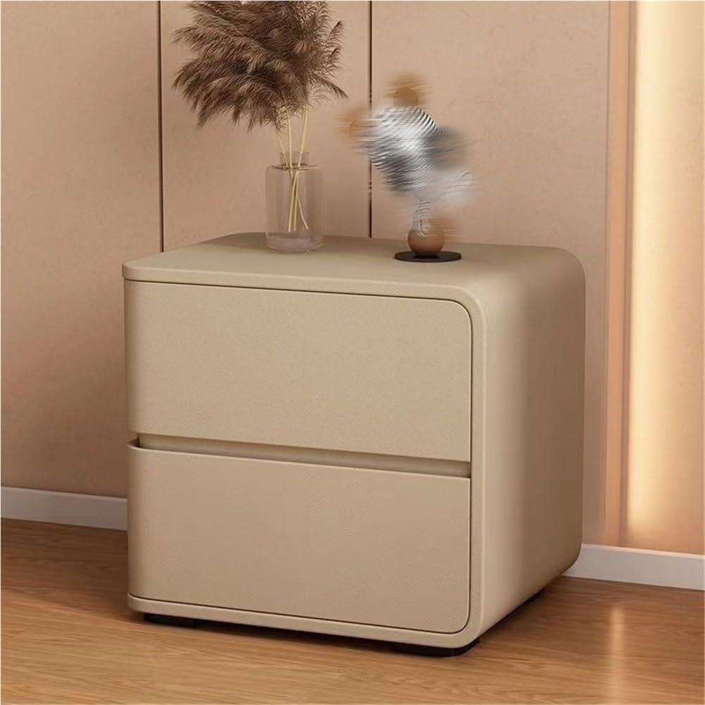 Modern with 2 Drawers, Leather Bedside Table, Solid Wood Frame, Curved Profile Design End Living Room Bedroom Storage Cabinet(Khaki-B,15.7x15.7x18.9in)