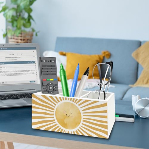 Image of Boho Yellow Sunshine Pen Pencil Holder Organizer for Desk, Cute Smile Groovy Sun Sunshine Wooden Box Signs Decorations for Kids Room Home Classroom Desk Tabletop