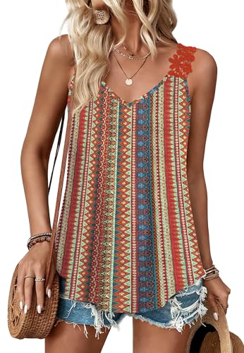 Womens Tank Tops Boho Summer Tops for Women Clothes Flowy Loose Fit Trendy Sleeveless Vacation Outfits Camisole Red Boho XL