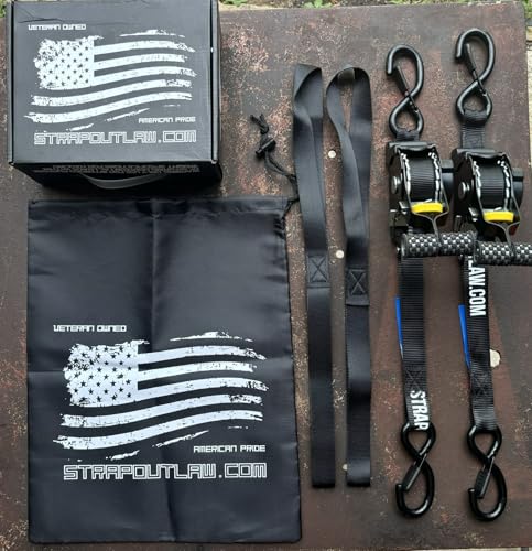 2 Pack Strapoutlaw.com Retractable Ratchet Straps, 1'' x 10', 1500 lbs Break Strength, with 2 Soft Loops, Cargo Tie Down Straps, Strapoutlaw.com Storage Bag