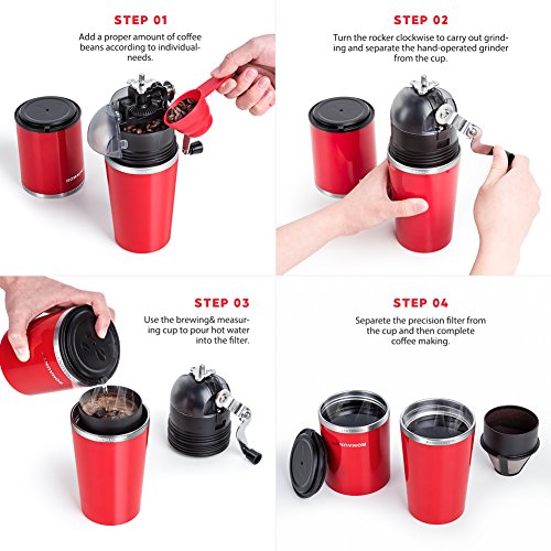Travel Coffee Grinder Set Romaunt All In One Portable Manual Grind Brew Coffee Maker Single Serve 2X Stainless Steel Mug Ceramic Burr Brewer Gift (Red) #TOP1