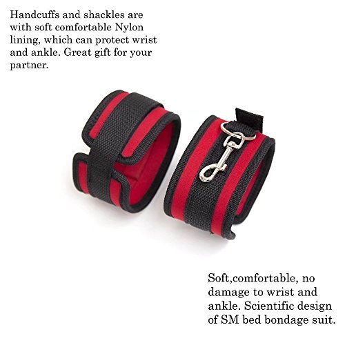 Woman\'s Bed Tied Straps Bedroom Couple Cuffs Set Game Set with Soft Adjustable Strap,ankle and Wrist Strap-RED