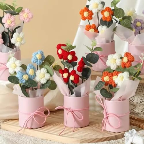 Image of 1pcs Artificial Crochet Flower Bouquet Flowers Bunch Gift for Girls Home Decor Gifting with Handmade Yarn Knitted Floral & Office Cute Decorative Item Woolen Women Decor (Design 1)