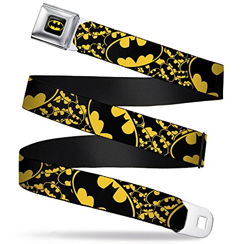 Buckle-Down Men's Seatbelt Belt Batman Kids, Bat Signals Stacked c/Blue Yellow/Black, 1.0