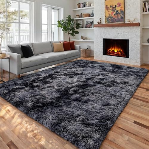 PAGISOFE Abstract Shaggy Area Rug 4' x 6' Plush Furry Rugs for Living Room, Tie-Dyed Dark Grey Soft...