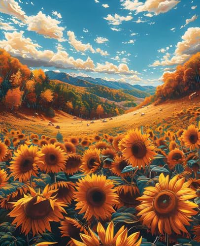 数字油絵 風景 数字キットによる絵画 ひまわり Paint by Numbers DIYペイント 大人の 初心者 子供用 簡単に塗れる アクリル水彩絵の具 手芸 画材 手工芸 キット 3つのペイントブラシと1つのセットのアクリル顔料を使用 ホーム オフィス