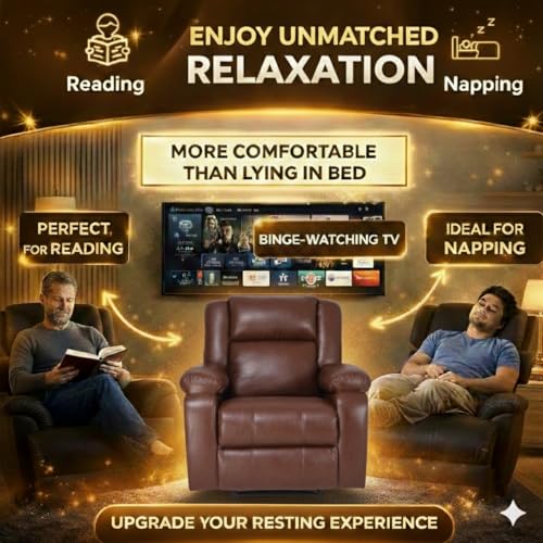 Image of Solis Royale 1 Seater Recliner Sofa Chair | Manual Recliner Lounge Sofa Chairs for Relaxing | Comfortable Cushioned | Living Room Bedroom Home, Office (Classy Calm - Brown, Classy Calm - Leatherette)