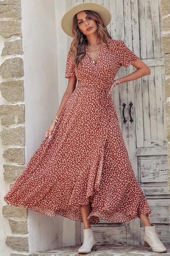 PRETTYGARDEN Women's Summer Maxi Dress Casual Wrap Floral Boho Short Sleeve V Neck Split Ruffle Beach Long Dresses
