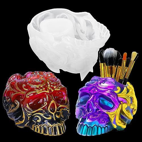 Voyyphixa Skull Resin Moulds Molds for Resin Epoxy Skull Head Resin Mold Ghost Silicone Mold Resin Casting 3D Skeleton Mold DIY Jewelry Box,Trinket Container,Makeup Brush Holder,Pen Holder