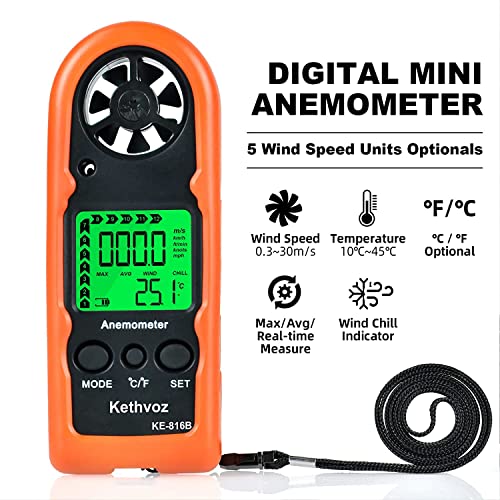 Image of Anemometer Handheld Wind Meter, Kethvoz Wind Spped Gauge 816B Anemometro Measure Air Velocity, Wind Temperature for HVAC Air Vent, Outdoor Sailing Surfing Drone Golf