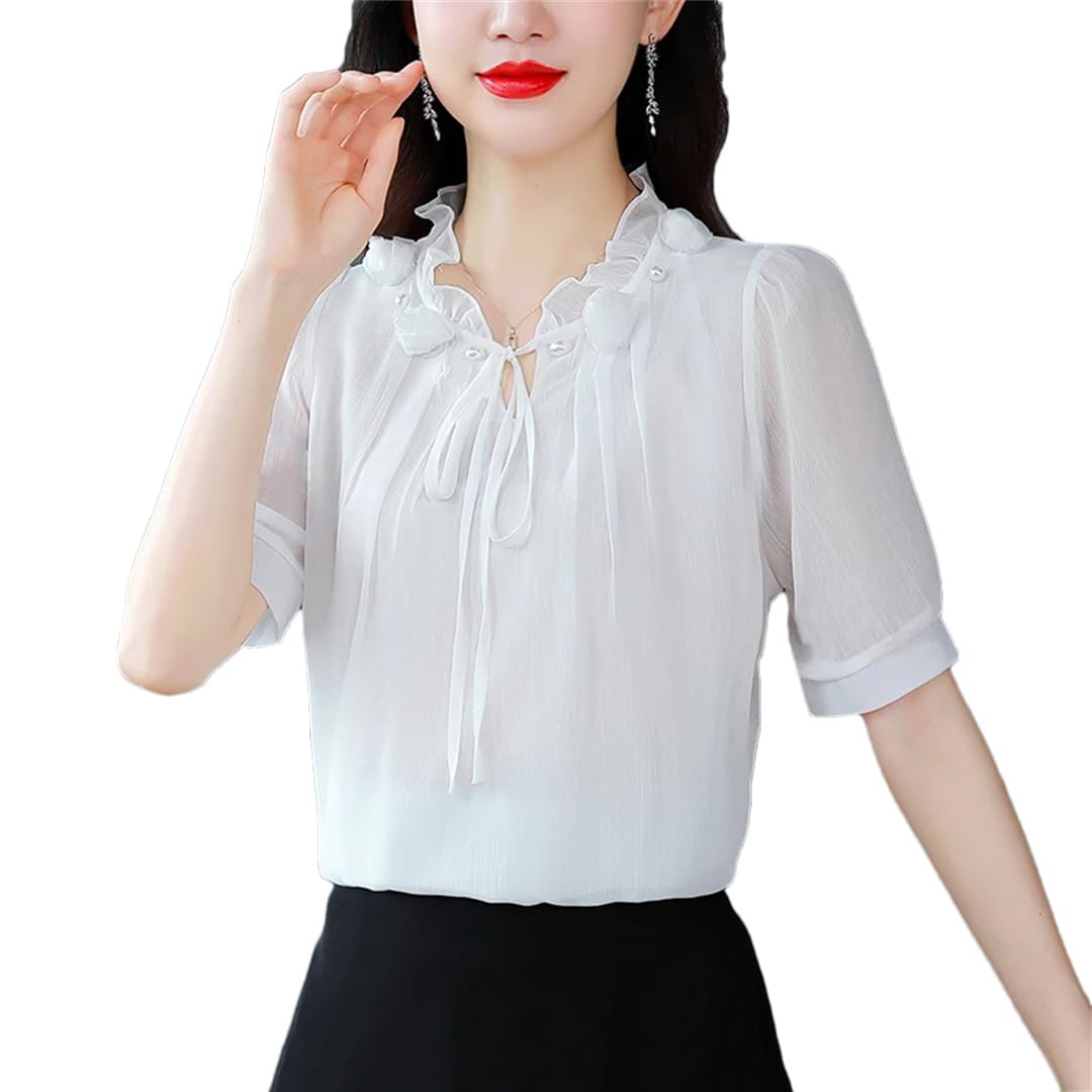 Camicia da donna in chiffon a maniche corte con colletto a petalo papillon sciolto casual pullover camicetta