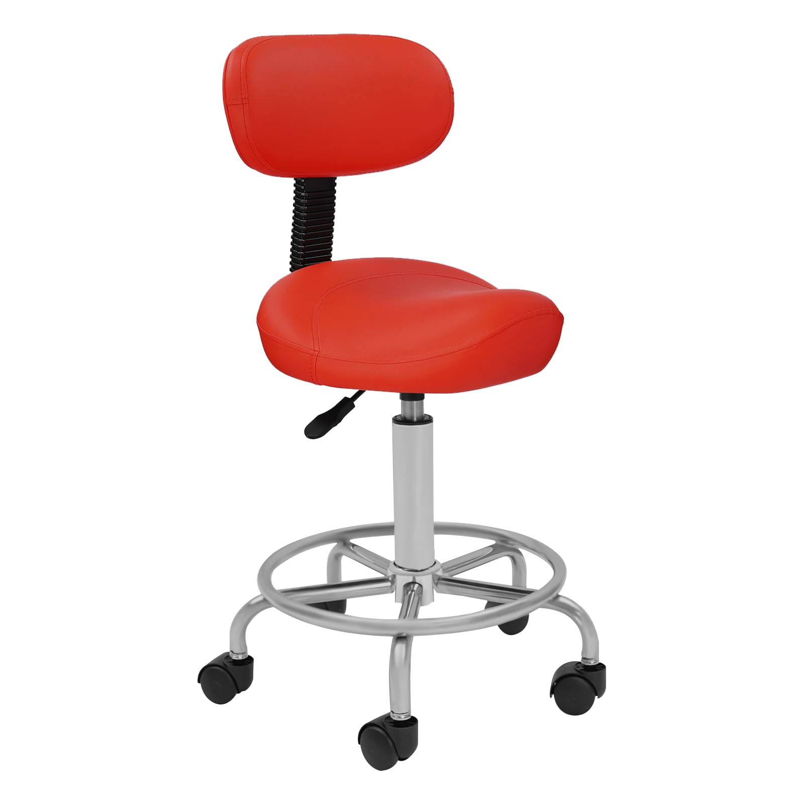 Sgabello da sella ergonomico, con ruote, schienale regolabile in altezza, girevole a 360°, portata massima: 150 kg (rosso)