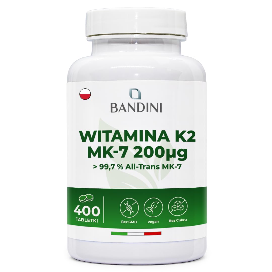 Bandini® Witamina K2 MK7 200 µg, 400 tabletek, Wysoka dawka menachinonu, Witamina K 2 MK-7 200 mcg, Pomaga w utrzymaniu prawidłowego stanu kości, 100% wegańska, wolna od GMO, Włoska jakość witaminy K