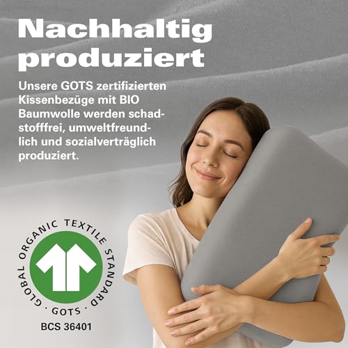 BaSaTex Bio Kissenbezüge Spannbezüge 2er Pack für Nackenkissen und Gesundheitskissen | 97% GOTS-Zertifizierte Baumwolle + 3% Elasthan | 40x60 cm - 45x65 cm | Anthrazit