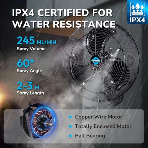 Image of Tornado 20 Inch Pro Series Outdoor Wall Mount Fan with Pre-Installed Misting Ring - 3-Speed, 4750 CFM, Waterproof, Ball Bearing Motor, for Patio, Warehouse, Commercial Use,5 Brass Nozzles Misting