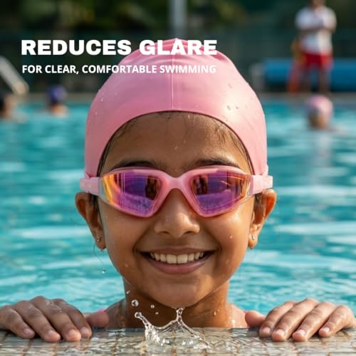 Image of BURNLAB Kids Mirrored Lens Swimming Goggles for Pool and Outdoor Swimming, Adjustable Fit, kids Boys and girls (pink)